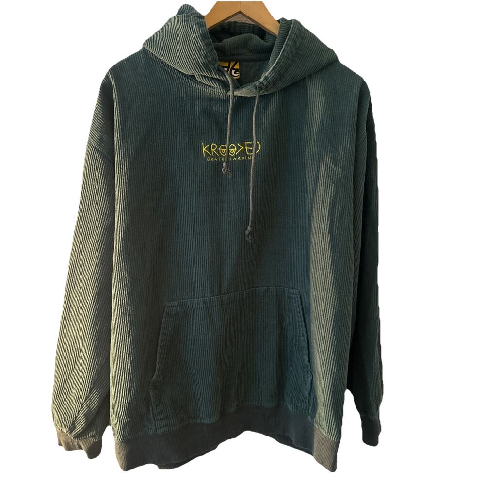 Krooked Eye Skateboards Corduroy Hoodie Mens XL Dark Green Pullover Sweatshirt